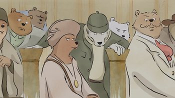 Movie still from “Ernest & Celestine” (2012), directed by Vincent Patar – A cartoon of a bear and a woman; Close Up shot, Over the shoulder angle