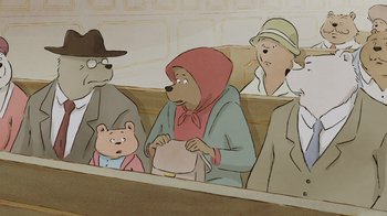 Movie still from “Ernest & Celestine” (2012), directed by Vincent Patar – A group of people sitting in front of a wall; Medium shot, High angle