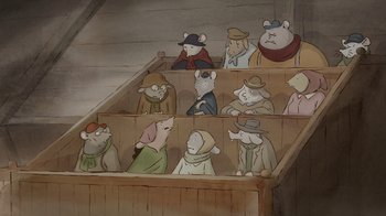 Movie still from “Ernest & Celestine” (2012), directed by Vincent Patar – A group of people sitting on top of a wooden bench; Wide shot, High angle