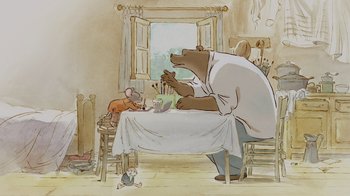 Movie still from “Ernest & Celestine” (2012), directed by Vincent Patar – An illustration of a bear sitting at a dining table; Wide shot, Low angle