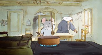 Movie still from “Ernest and Celestine: A Trip to Gibberitia” (2022), directed by Jean-Christophe Roger – A cartoon of a mouse cooking in a kitchen; Medium shot, High angle