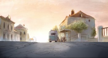 Movie still from “Ernest and Celestine: A Trip to Gibberitia” (2022), directed by Jean-Christophe Roger – A bus parked on the side of the street; Extreme Wide shot, High angle