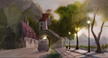 Movie still from “Ernest and Celestine: A Trip to Gibberitia” (2022), directed by Jean-Christophe Roger – An oil painting of a street scene with trees and buildings in the background; Extreme Wide shot, High angle