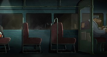 Movie still from “Ernest and Celestine: A Trip to Gibberitia” (2022), directed by Jean-Christophe Roger – Two red seats in a train car with smoke coming out of the window; Extreme Wide shot, High angle