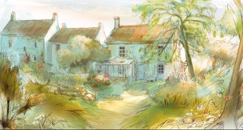 Movie still from “Ernest and Celestine: A Trip to Gibberitia” (2022), directed by Jean-Christophe Roger – An artistic drawing of a house and garden; Extreme Wide shot, High angle