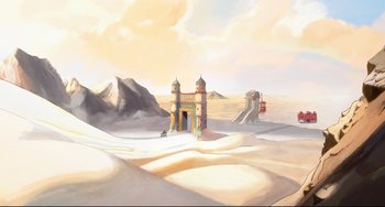 Movie still from “Ernest and Celestine: A Trip to Gibberitia” (2022), directed by Jean-Christophe Roger – An oil painting of a desert scene with mountains in the background; Extreme Wide shot, High angle