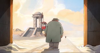 Movie still from “Ernest and Celestine: A Trip to Gibberitia” (2022), directed by Jean-Christophe Roger – An old man is standing in front of a train; Extreme Wide shot, Low angle