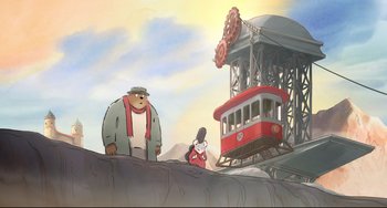 Movie still from “Ernest and Celestine: A Trip to Gibberitia” (2022), directed by Jean-Christophe Roger – An animated scene of a train and a bear; Extreme Wide shot, Low angle