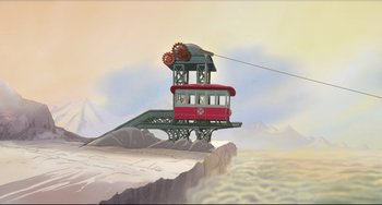 Movie still from “Ernest and Celestine: A Trip to Gibberitia” (2022), directed by Jean-Christophe Roger – A red and white tram is on a bridge over a river; Extreme Wide shot, Low angle