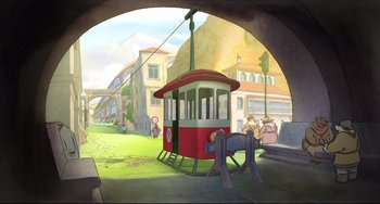 Movie still from “Ernest and Celestine: A Trip to Gibberitia” (2022), directed by Jean-Christophe Roger – A cartoon of a train on the tracks in a city; Extreme Wide shot, High angle