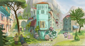 Movie still from “Ernest and Celestine: A Trip to Gibberitia” (2022), directed by Jean-Christophe Roger – An artistic rendering of a town with a bunch of people; Extreme Wide shot, High angle