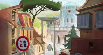 Movie still from “Ernest and Celestine: A Trip to Gibberitia” (2022), directed by Jean-Christophe Roger – An artistic painting of a city with a tree in the background; Extreme Wide shot, High angle