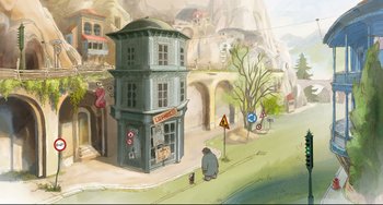 Movie still from “Ernest and Celestine: A Trip to Gibberitia” (2022), directed by Jean-Christophe Roger – A cartoon of a street corner with a building on the corner; Extreme Wide shot, High angle
