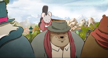 Movie still from “Ernest and Celestine: A Trip to Gibberitia” (2022), directed by Jean-Christophe Roger – A cartoon picture of a bear and a mouse in a field; Close Up shot, Over the shoulder angle