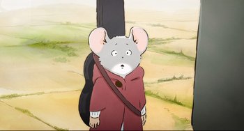 Movie still from “Ernest and Celestine: A Trip to Gibberitia” (2022), directed by Jean-Christophe Roger – A cartoon of a mouse wearing a red suit and carrying a black bag; Close Up shot, High angle