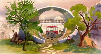 Movie still from “Ernest and Celestine: A Trip to Gibberitia” (2022), directed by Jean-Christophe Roger – An artistic painting of people walking on a path in front of a train; Extreme Wide shot, Overhead angle