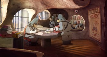 Movie still from “Ernest and Celestine: A Trip to Gibberitia” (2022), directed by Jean-Christophe Roger – A painting of two people in a room; Wide shot, High angle