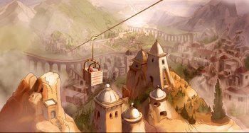 Movie still from “Ernest and Celestine: A Trip to Gibberitia” (2022), directed by Jean-Christophe Roger – An artistic drawing of an aerial view of a town; Extreme Wide shot, High angle