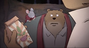 Movie still from “Ernest and Celestine: A Trip to Gibberitia” (2022), directed by Jean-Christophe Roger – A cartoon of a bear and a mouse in a room; Close Up shot, Over the shoulder angle