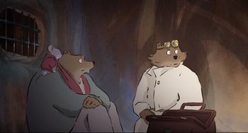 Movie still from “Ernest and Celestine: A Trip to Gibberitia” (2022), directed by Jean-Christophe Roger – Two cartoon bears sitting next to each other; Medium shot, High angle