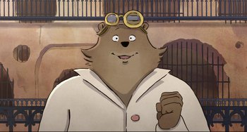Movie still from “Ernest and Celestine: A Trip to Gibberitia” (2022), directed by Jean-Christophe Roger – A cartoon bear wearing a lab coat and glasses; Close Up shot, Overhead angle