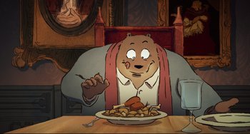 Movie still from “Ernest and Celestine: A Trip to Gibberitia” (2022), directed by Jean-Christophe Roger – A cartoon bear sitting at a table with a plate of food; Medium shot, High angle