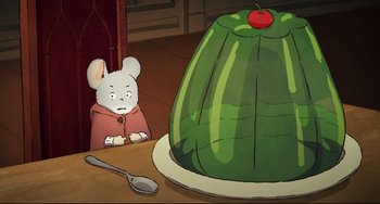 Movie still from “Ernest and Celestine: A Trip to Gibberitia” (2022), directed by Jean-Christophe Roger – A mouse sitting in front of a giant watermelon; Medium shot, High angle
