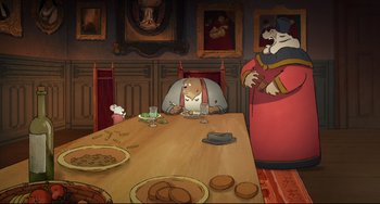 Movie still from “Ernest and Celestine: A Trip to Gibberitia” (2022), directed by Jean-Christophe Roger – An animated scene of a man sitting at a dinner table; Wide shot, High angle
