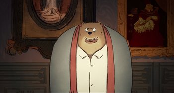 Movie still from “Ernest and Celestine: A Trip to Gibberitia” (2022), directed by Jean-Christophe Roger – An animated bear wearing a red scarf and a white shirt; Close Up shot, Over the shoulder angle