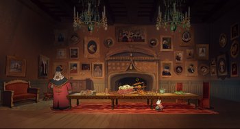 Movie still from “Ernest and Celestine: A Trip to Gibberitia” (2022), directed by Jean-Christophe Roger – An animated scene with a fireplace and a table; Extreme Wide shot, High angle