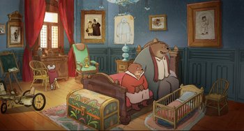 Movie still from “Ernest and Celestine: A Trip to Gibberitia” (2022), directed by Jean-Christophe Roger – Two bears sitting in a living room next to each other; Wide shot, High angle