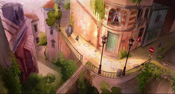 Movie still from “Ernest and Celestine: A Trip to Gibberitia” (2022), directed by Jean-Christophe Roger – An illustration of a city with a lot of trees; Extreme Wide shot, High angle