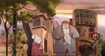 Movie still from “Ernest and Celestine: A Trip to Gibberitia” (2022), directed by Jean-Christophe Roger – A cartoon of a mouse and a man in a suit; Wide shot, Low angle