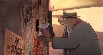 Movie still from “Ernest and Celestine: A Trip to Gibberitia” (2022), directed by Jean-Christophe Roger – An animated mouse is standing next to a man; Medium shot, High angle