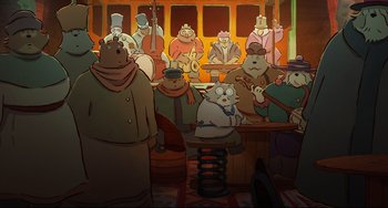 Movie still from “Ernest and Celestine: A Trip to Gibberitia” (2022), directed by Jean-Christophe Roger – A group of people sitting in a room; Wide shot, Low angle