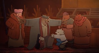 Movie still from “Ernest and Celestine: A Trip to Gibberitia” (2022), directed by Jean-Christophe Roger – A group of people standing next to each other in a room; Wide shot, Over the shoulder angle