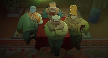 Movie still from “Ernest and Celestine: A Trip to Gibberitia” (2022), directed by Jean-Christophe Roger – A group of people sitting around a table; Wide shot, High angle