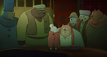 Movie still from “Ernest and Celestine: A Trip to Gibberitia” (2022), directed by Jean-Christophe Roger – A group of people standing next to each other in a room; Medium shot, High angle