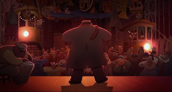 Movie still from “Ernest and Celestine: A Trip to Gibberitia” (2022), directed by Jean-Christophe Roger – A large crowd of people are gathered around a stage; Extreme Wide shot, Low angle