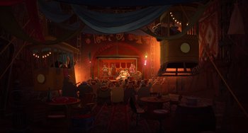 Movie still from “Ernest and Celestine: A Trip to Gibberitia” (2022), directed by Jean-Christophe Roger – An audience is sitting in a theater with a stage; Extreme Wide shot, High angle
