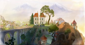 Movie still from “Ernest and Celestine: A Trip to Gibberitia” (2022), directed by Jean-Christophe Roger – An artistic painting of a house and a bridge in the background; Extreme Wide shot, High angle