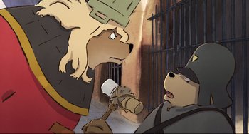 Movie still from “Ernest and Celestine: A Trip to Gibberitia” (2022), directed by Jean-Christophe Roger – Two cartoon bears are standing in front of a jail cell; Close Up shot, High angle