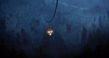Movie still from “Ernest and Celestine: A Trip to Gibberitia” (2022), directed by Jean-Christophe Roger – A cable car is hanging in the middle of the night; Extreme Wide shot, High angle