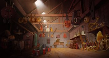 Movie still from “Ernest and Celestine: A Trip to Gibberitia” (2022), directed by Jean-Christophe Roger – An artist's rendering of a room with guitars hanging from the ceiling; Extreme Wide shot, High angle