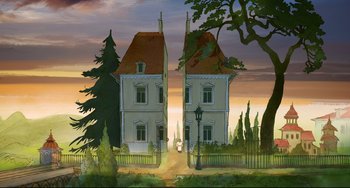 Movie still from “Ernest and Celestine: A Trip to Gibberitia” (2022), directed by Jean-Christophe Roger – A painting of a couple of houses in the middle of the day; Extreme Wide shot, Low angle