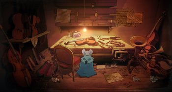 Movie still from “Ernest and Celestine: A Trip to Gibberitia” (2022), directed by Jean-Christophe Roger – An animated character sitting in front of a table with a violin on top of it; Wide shot, High angle