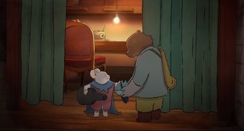 Movie still from “Ernest and Celestine: A Trip to Gibberitia” (2022), directed by Jean-Christophe Roger – A cartoon of a bear and a mouse in a room; Wide shot, High angle