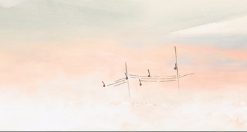 Movie still from “Ernest and Celestine: A Trip to Gibberitia” (2022), directed by Jean-Christophe Roger – A painting of airplanes flying in the sky; Extreme Wide shot, Low angle