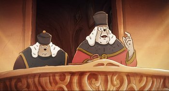 Movie still from “Ernest and Celestine: A Trip to Gibberitia” (2022), directed by Jean-Christophe Roger – Two cartoon characters are sitting at a table; Medium shot, Low angle