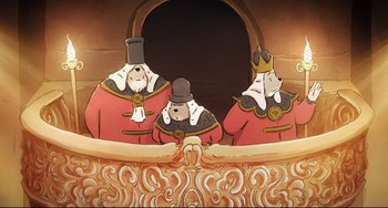 Movie still from “Ernest and Celestine: A Trip to Gibberitia” (2022), directed by Jean-Christophe Roger – A group of three men in red and white outfits; Wide shot, Low angle
